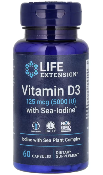 Vitamin D3 with Sea-Iodine, 125 mcg (5,000 IU), 60 Capsules Life Extension